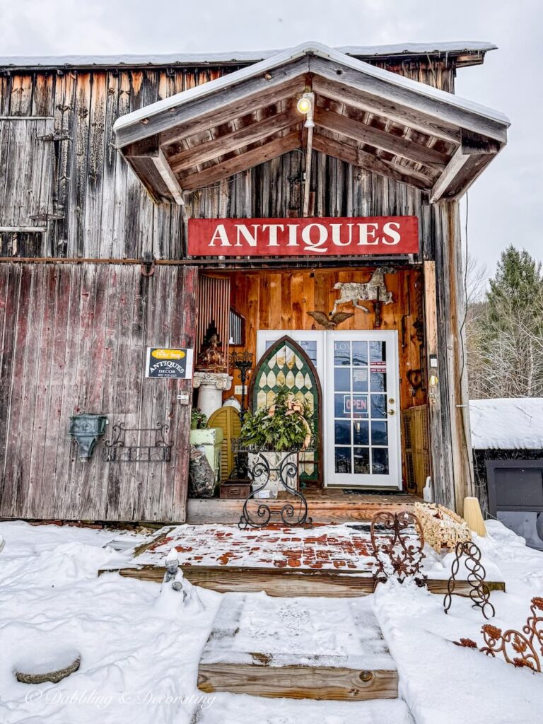 Open door at The Perfect Image Antiques in Pittsford, Vermont.