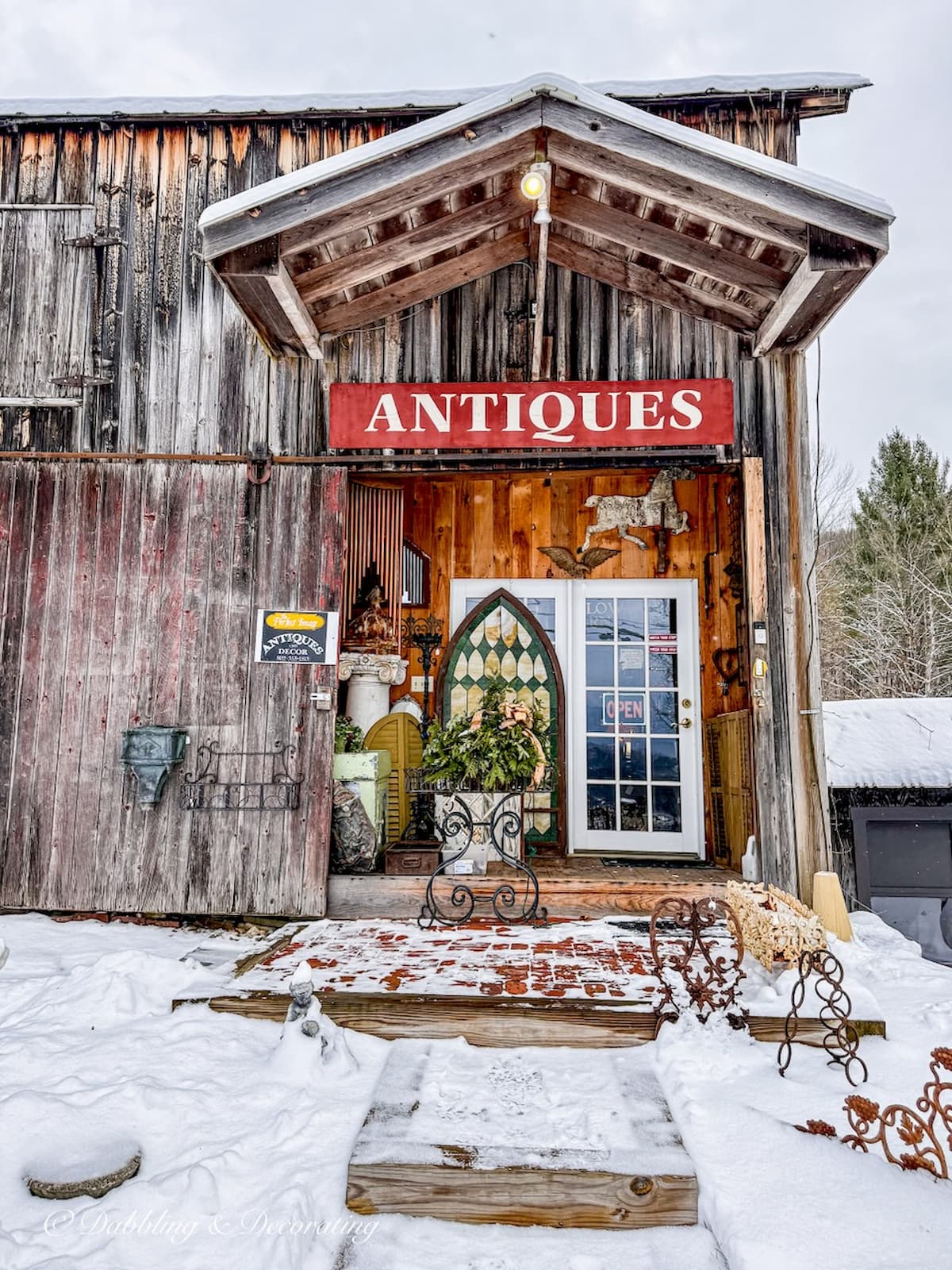 Open door at The Perfect Image Antiques in Pittsford, Vermont.