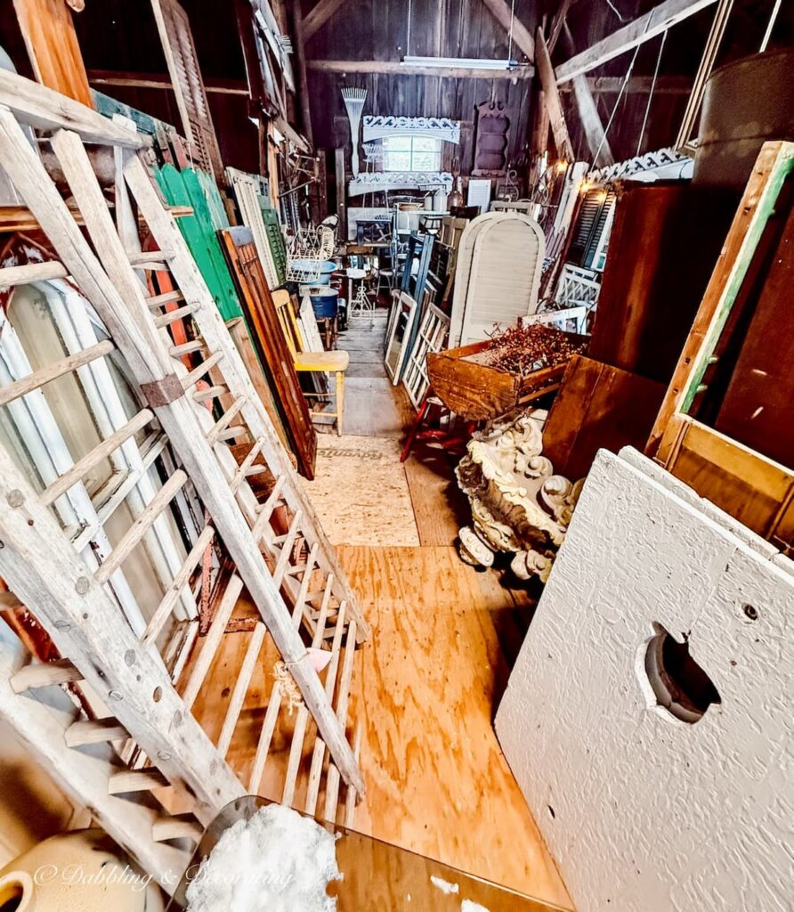 Architectural salvage displayed inside the The Perfect Image Antiques Barn in Pittsford, Vermont.