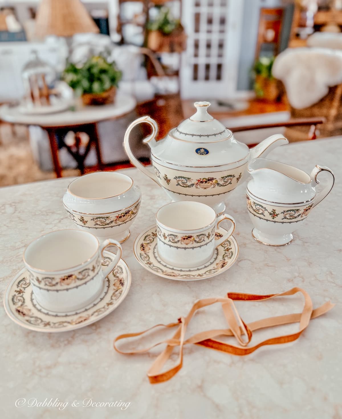 Aynsley Banquet 7 Pieces Tea Set on kitchen counter.