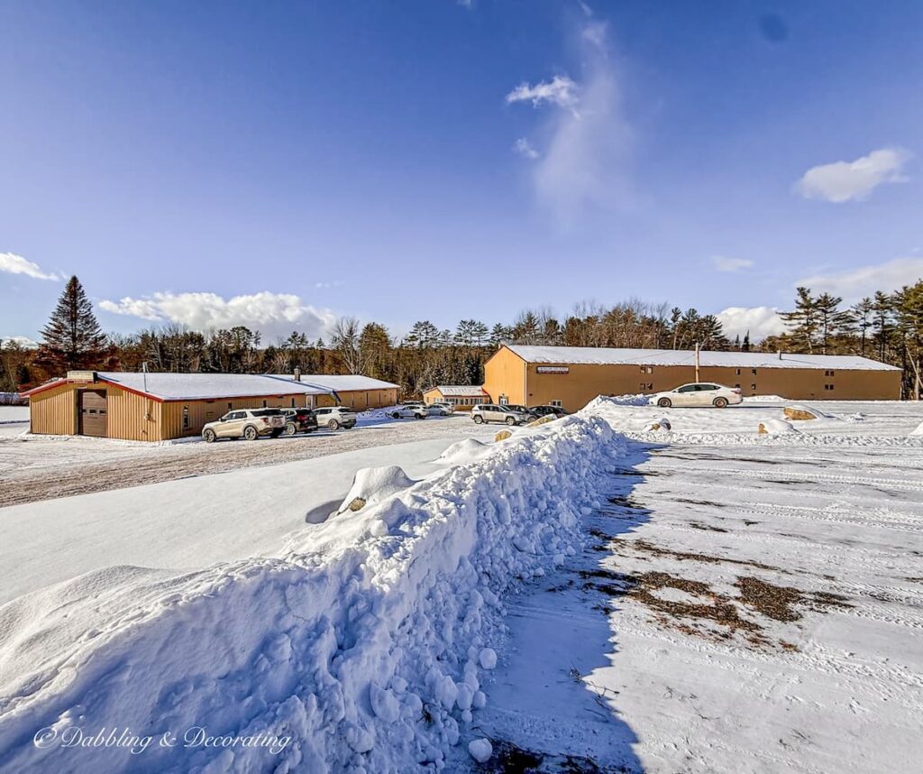 The Willows indoor flea market warehouses in Mechanic Falls, Maine in the snow.