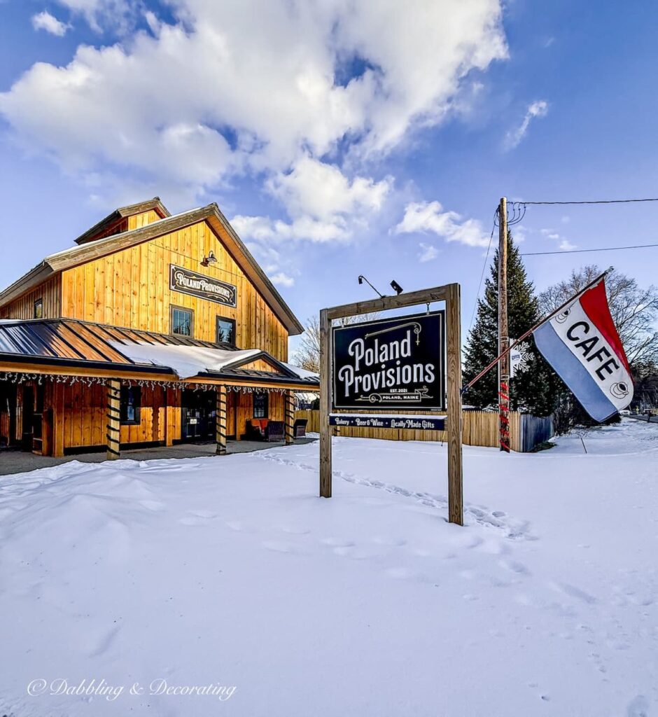 Poland Provisions general store and market in Poland, Maine during winter's snow.
