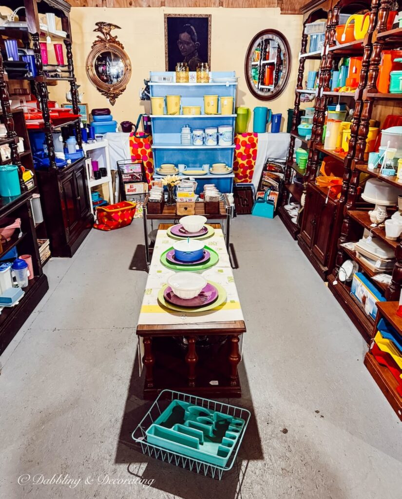Vendor booth at The Willows in Maine filled with colorful retro kitchenware.