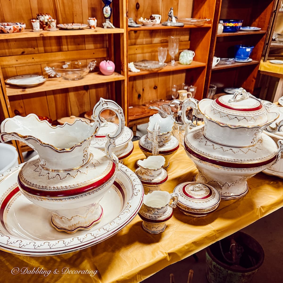 Gorgeous antique china pieces, large vintage pitchers and bowls at The Willows Flea Market.