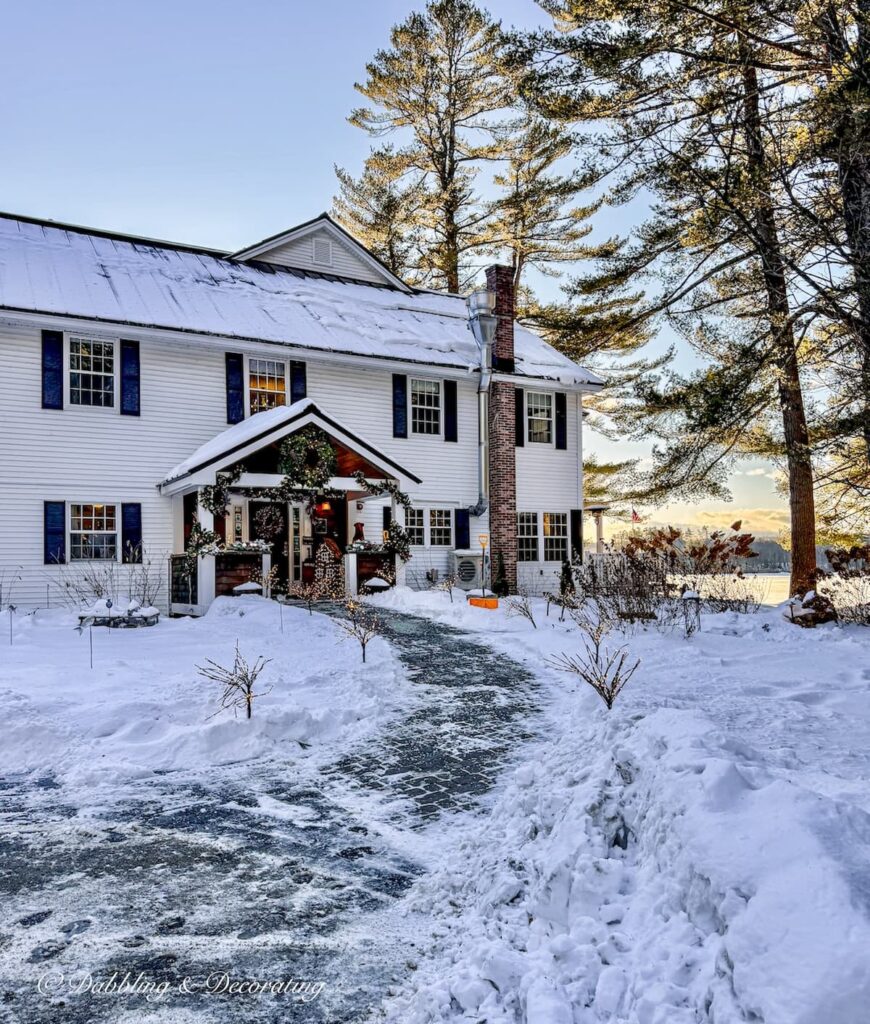 The Wolf Cove Inn in Poland, Maine during the Christmas holiday season in snow.