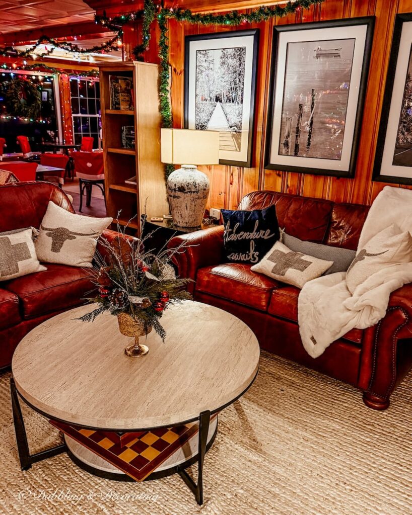 Gorgeous and cozy sitting area off the restaurant at the Wolf Cove Inn in Poland, Maine on Tripp Lake.