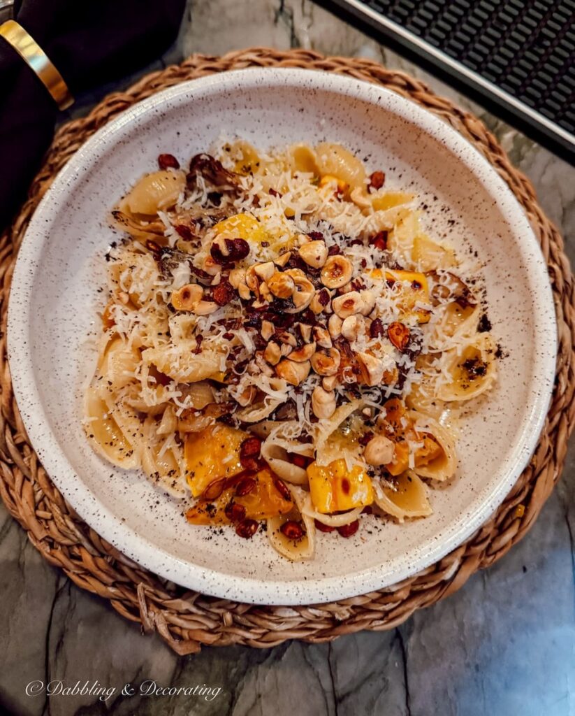 Pasta dinner in plate at the Wolf Cove Inn in Poland, Maine.