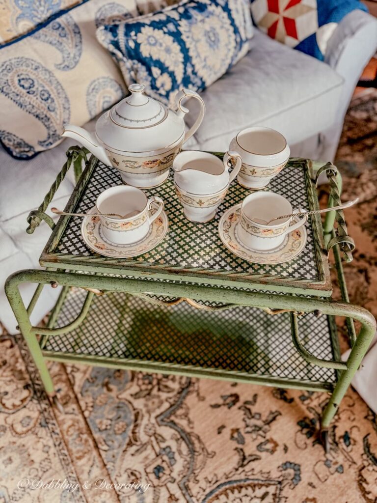 Tea cart styling ideas with Parisian beverage cart and Aynsley's Banquet Tea Set in living room.