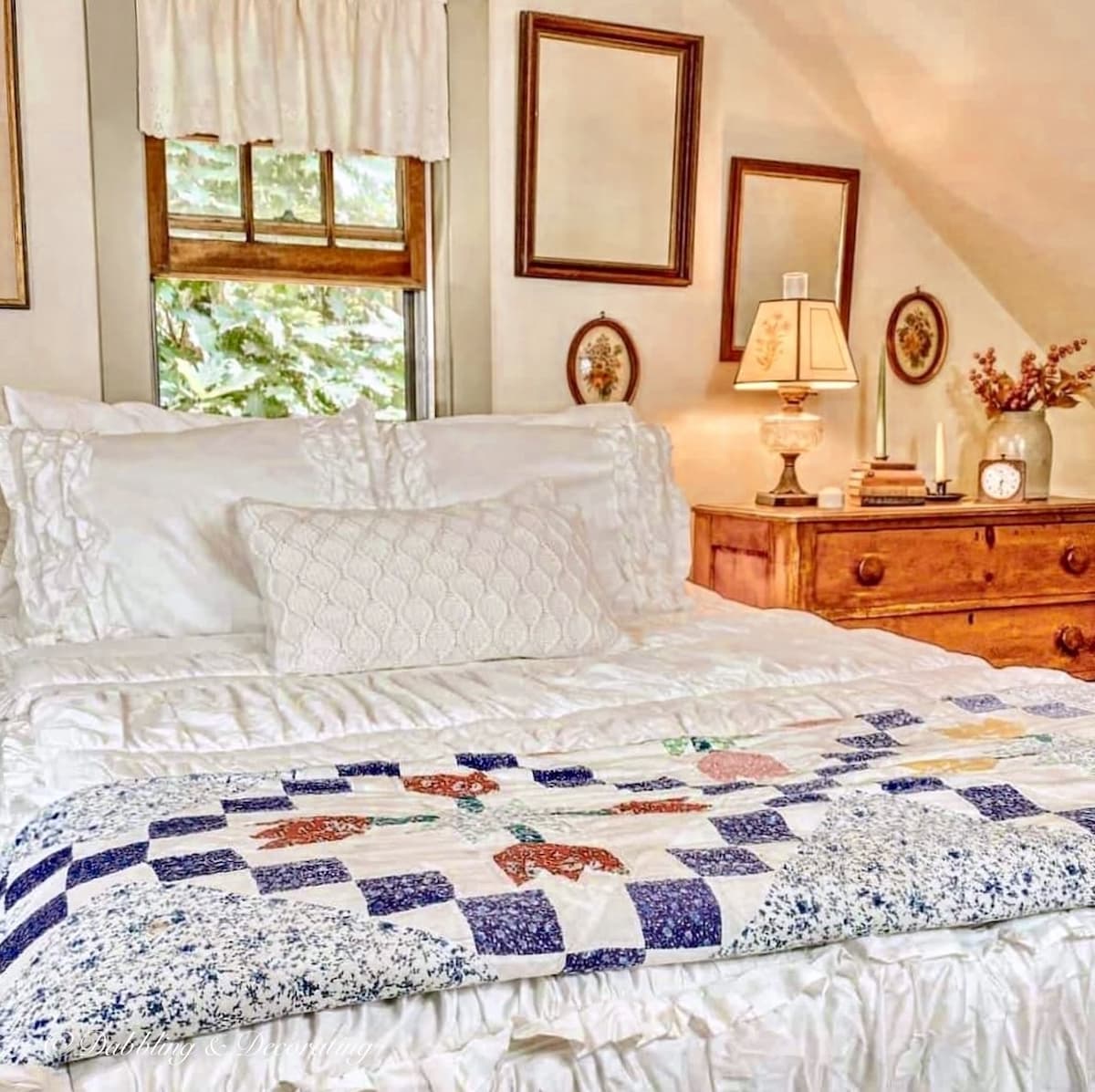 Coastal bedding ideas with Beddy's Bedding and handmade heirloom quilt in attic bedroom.