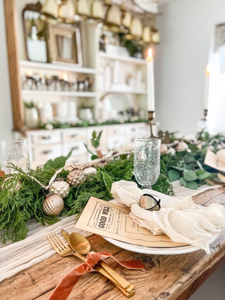 White farmhouse dining room Christmas table.