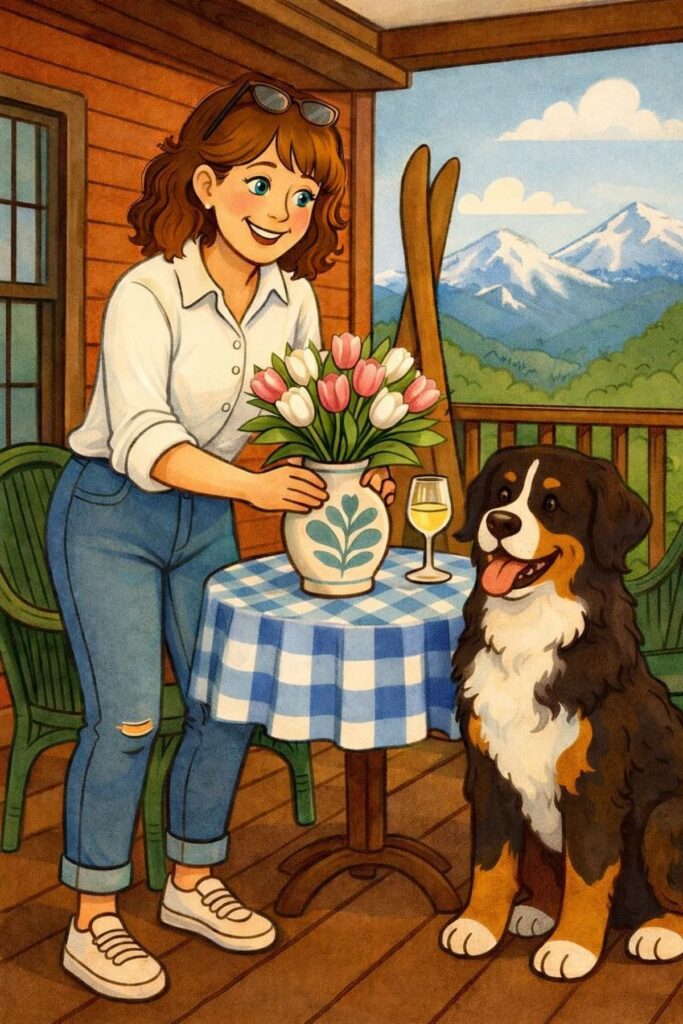 Cartoon of woman placing spring florals on outside porch table with Bernese Mountain Dogs in the Vermont Mountains.