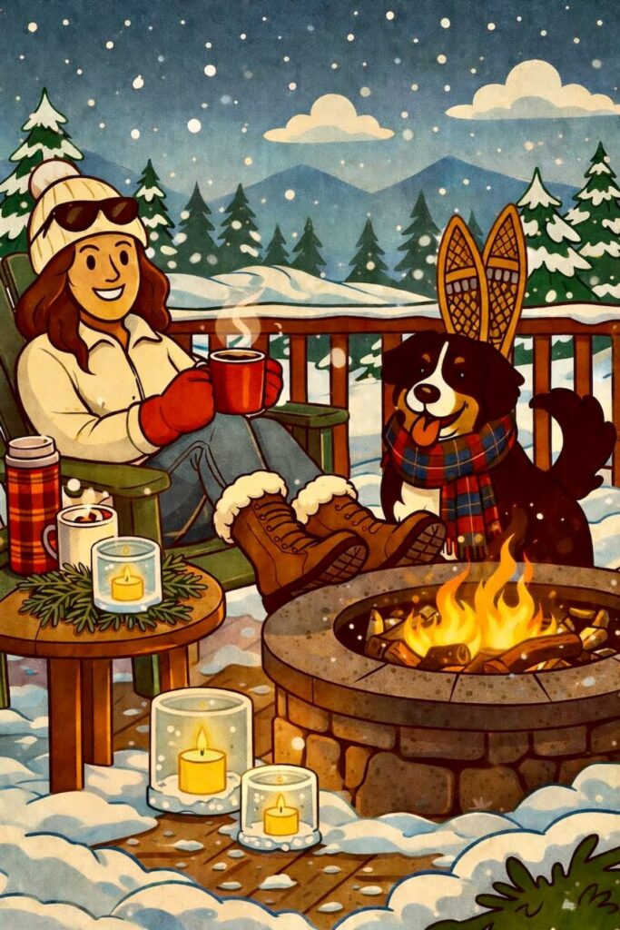 Cartoon of a woman sitting around an outdoor fire pit with vintage thermos, DIY ice candles and Bernese Mountain Dog in plaid scarf in Vermont in winter home decor.
