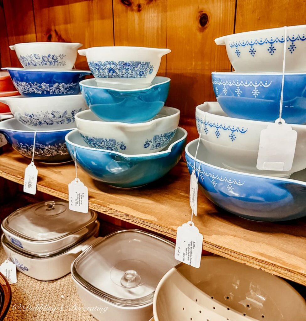 Stacks of blue and white vintage Pyrex at Vermont Antique Mall in Woodstock, Vermont.