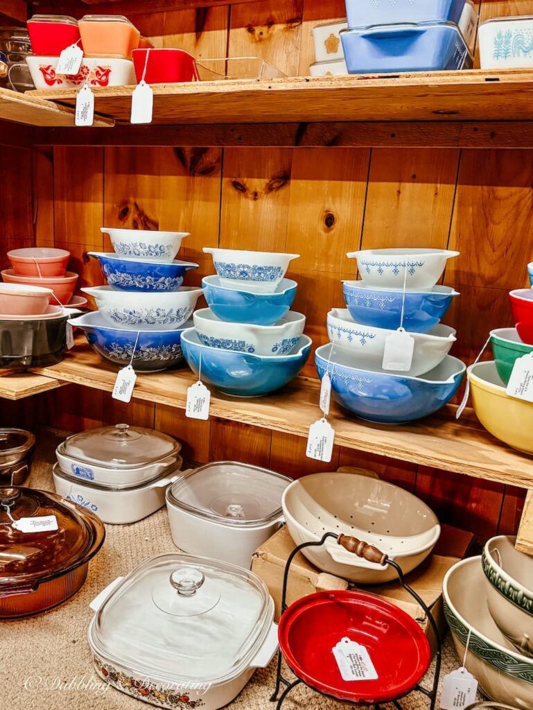 Vintage stacks of Pyrex in blue at Vermont Antique Mall in Woodstock, Vermont.