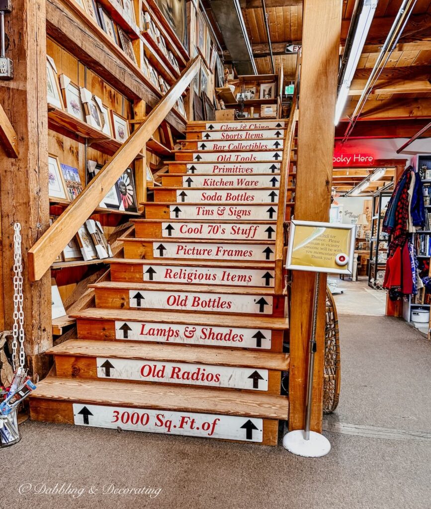 Steps going upstairs at The Vermont Antique Mall in Quechee, Vermont.