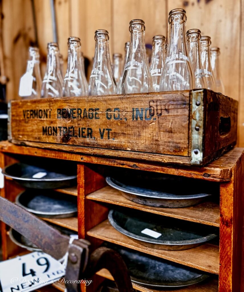 Antique crate with Vermont bottles at Vermont Antique Mall.