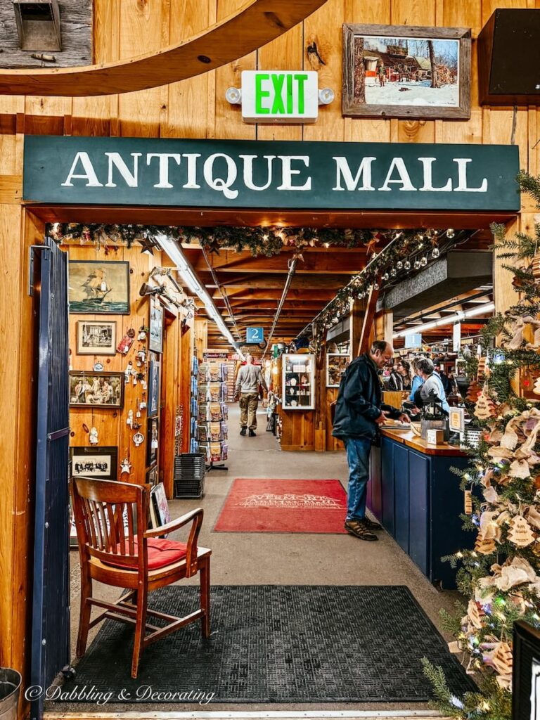 The antique section to the right as you enter The Vermont Antique Mall with a large sign saying Antique Mall.