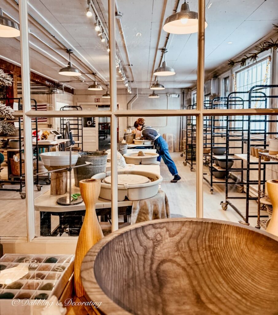 Farmhouse Pottery in Woodstock, Vermont potter in studio.