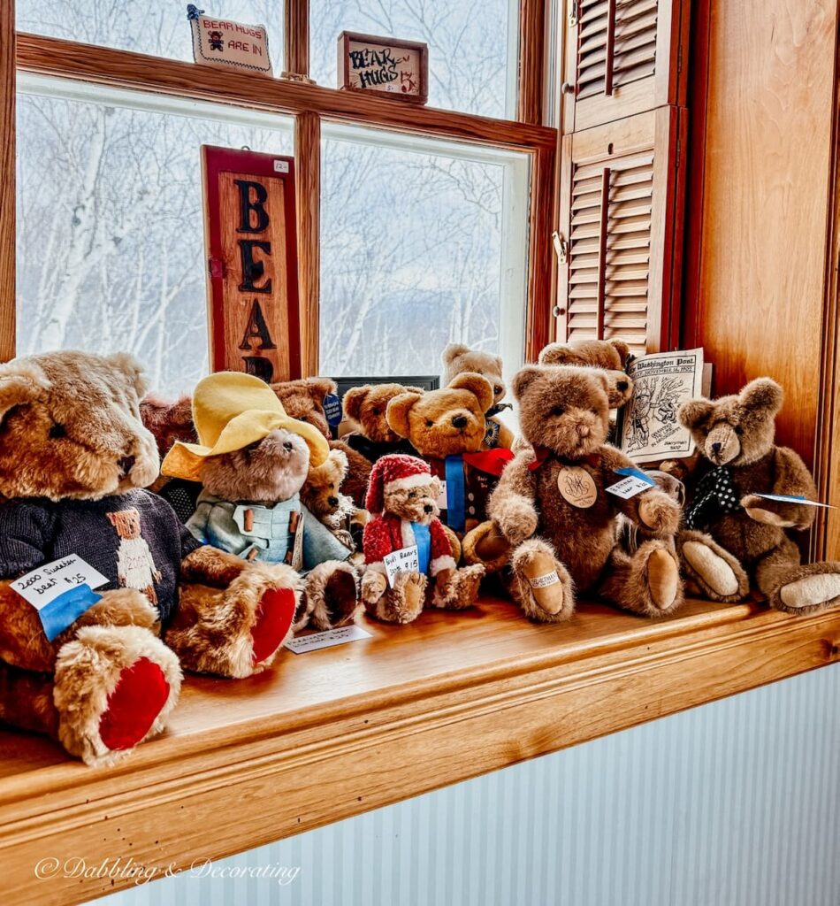 A collection of stuffed bears at an estate sale in a luxury home in Vermont.