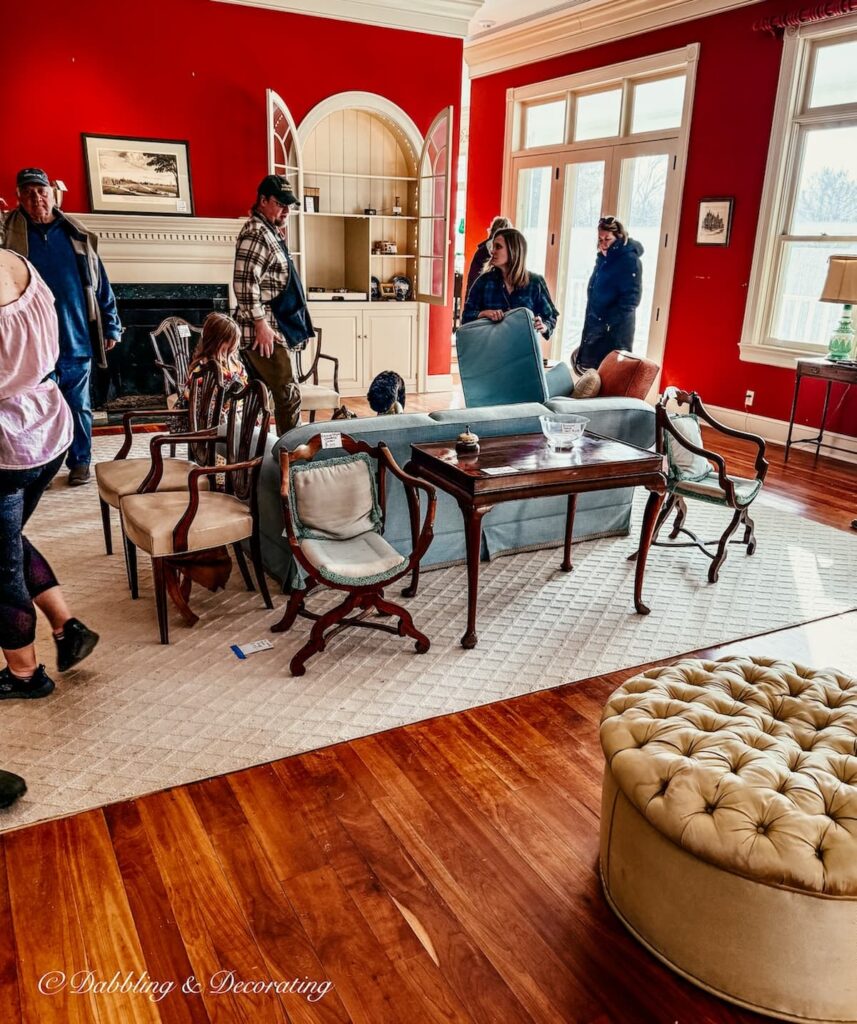 How to shop an estate sale at a high end luxury home; antique styled living room on 50% off last day.