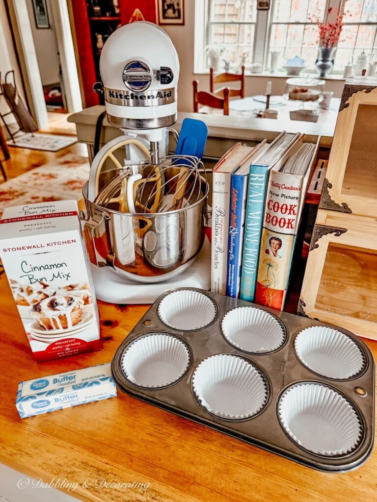 Sunday home moments with my Goodwill Kitchen Aid Mixer and Stonewall Kitchen's Cinnamon Bun Mix in my mother's Maine home country Kitchen.