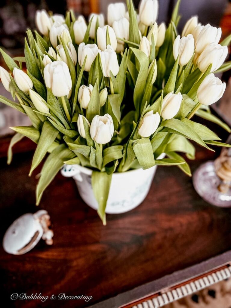 A bouquet of white tulips in an antique transferware pot on living room wooden coffee table, a Sunday home vibe.