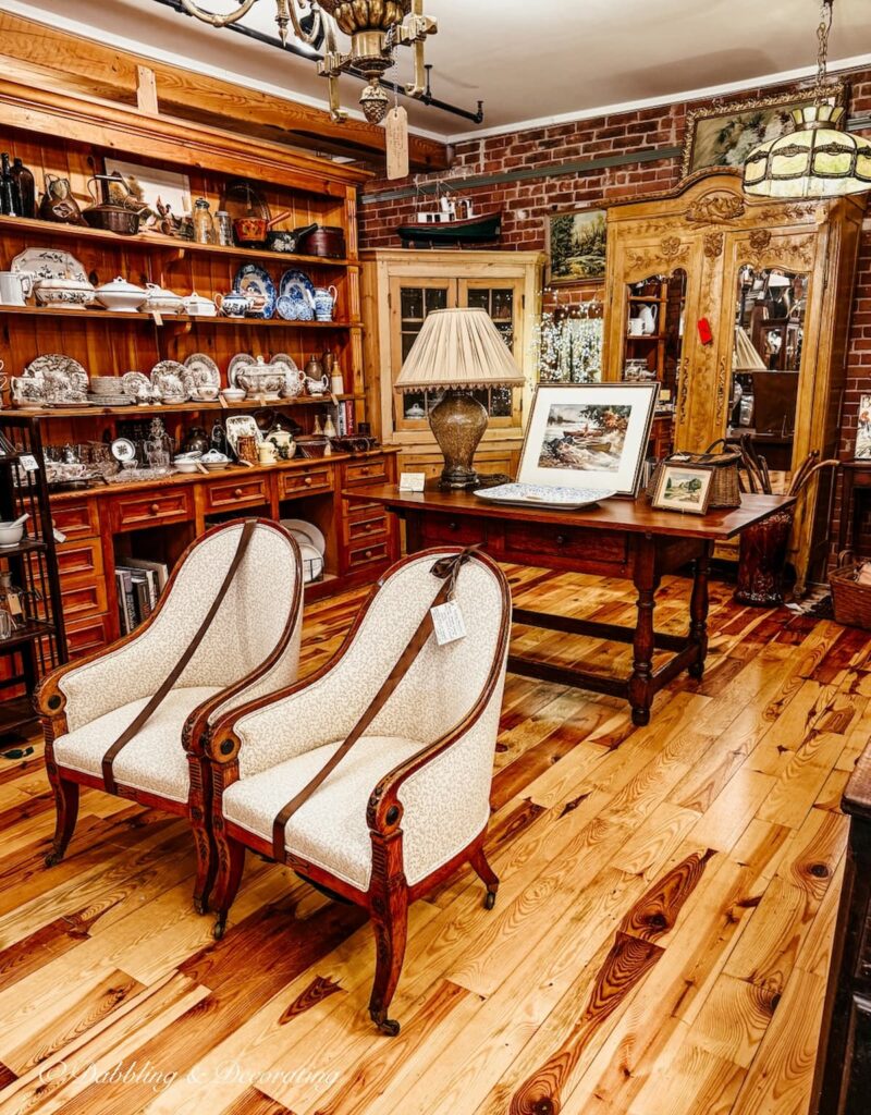 Beautifully curated and styled antique booth at Waverly Square Antiques in Saratoga Springs, NY.