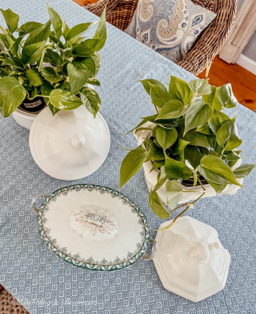 Thrifted soup tureens planter ideas on table with greenery.