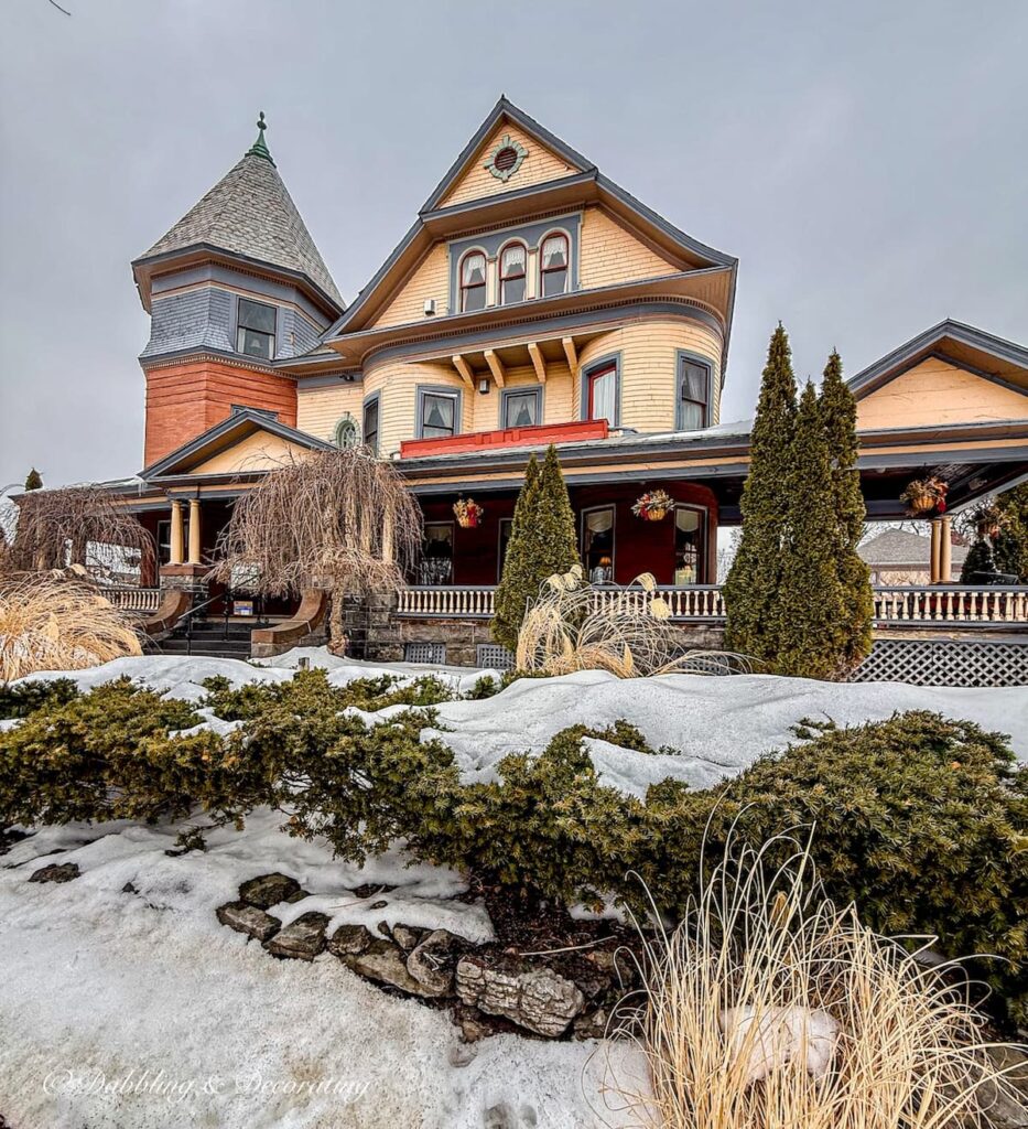 Union Gables Inn Saratoga Springs New York in winter's snow.