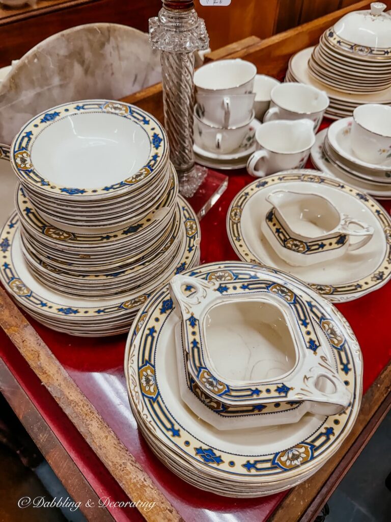 8 piece setting of Grindley & Co. Ivory dinnerware set at Eagle Bridge Antiques in NY.