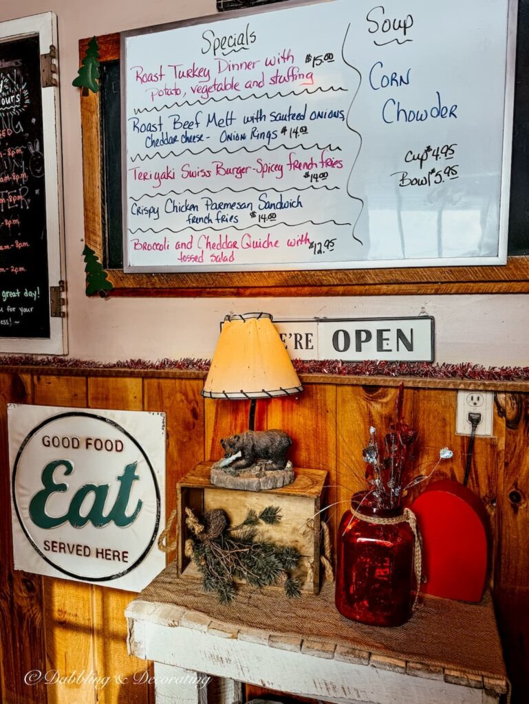 Inside Benson's Family Restaurant in Eagle Bridge, New York with menu on wall.