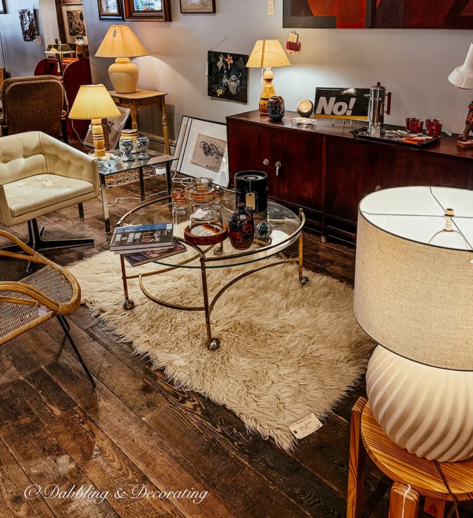 Vintage booth at Open House, Portland, Maine with mid century modern furnishings and vintage barware.