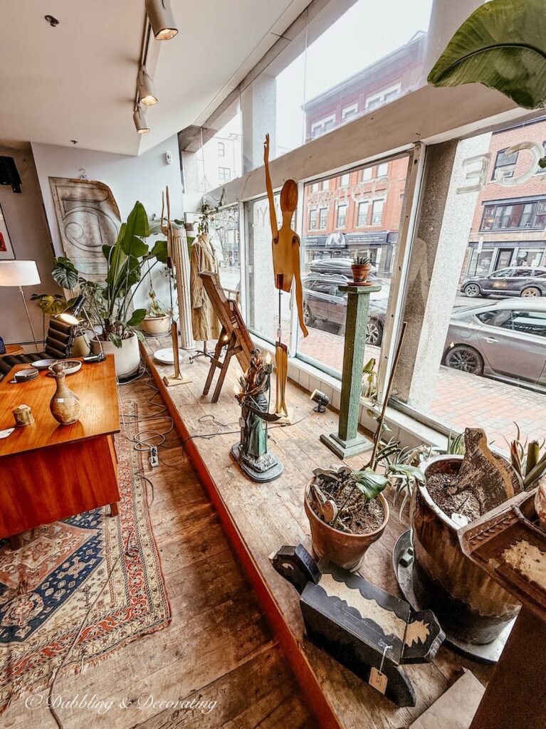 Open House Portland Antique store eclectic styled window display in Maine.