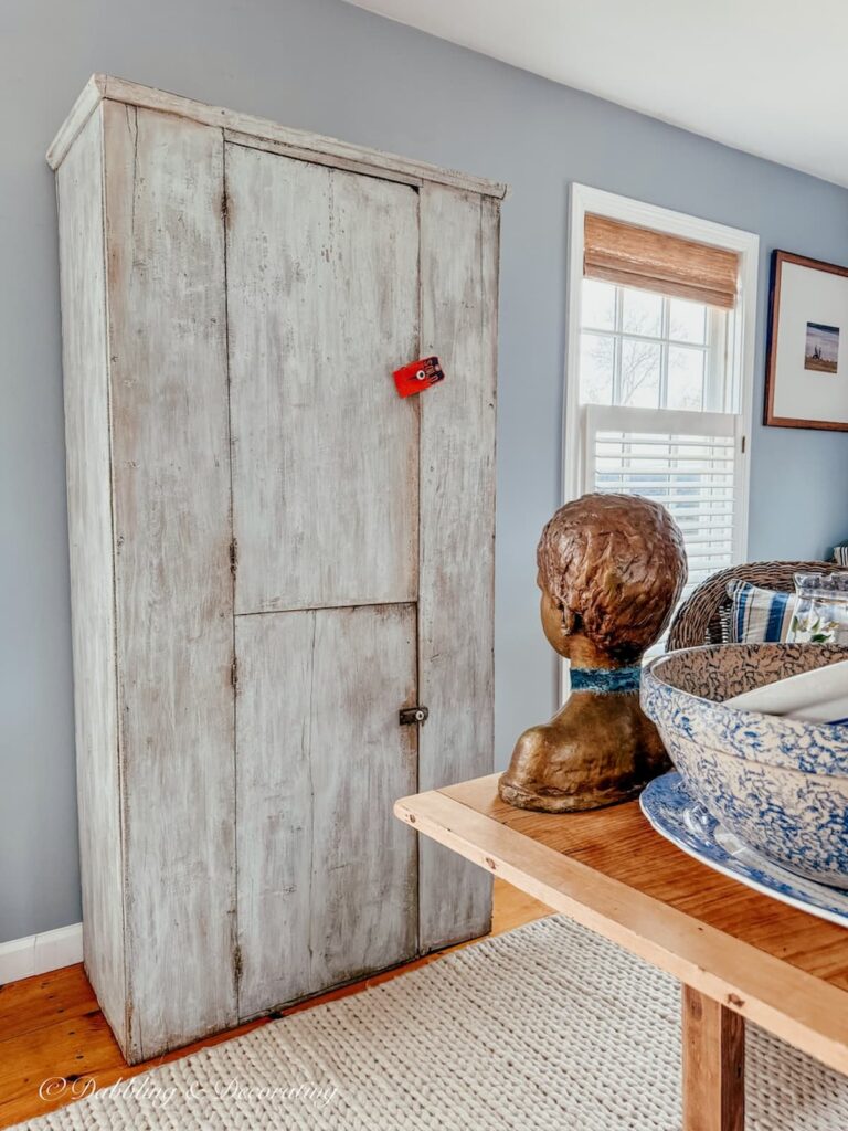 Antique primitive light blue hutch in soon to be a scullery-inspired kitchen workroom.