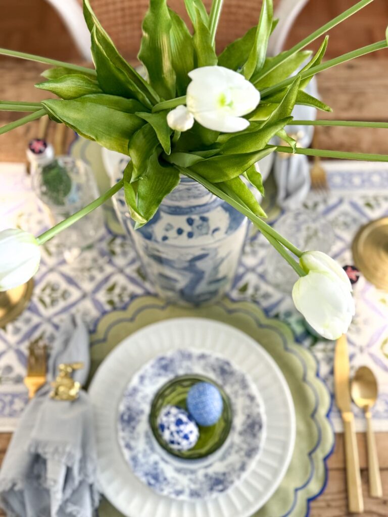 Vintage inspired Blue and green table setting for Easter.