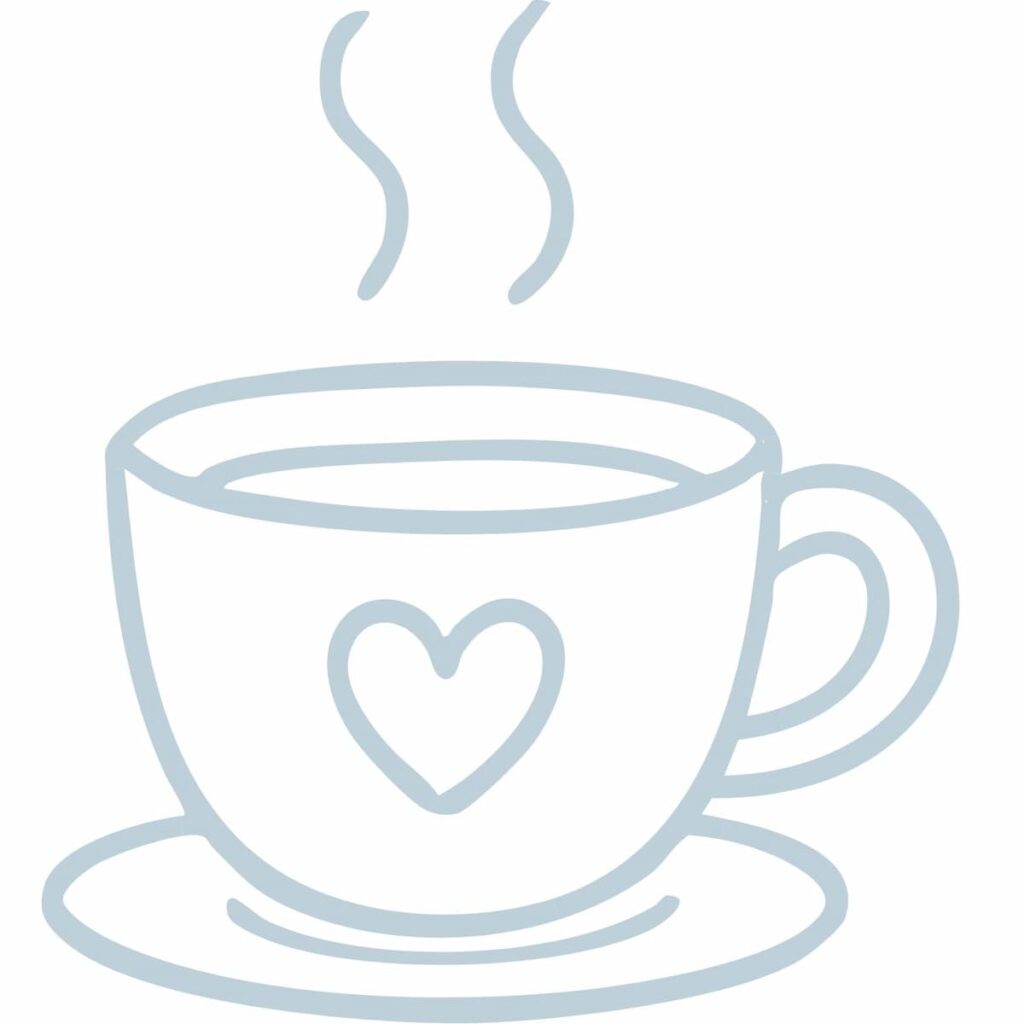 Graphic of coffee cup with heart; Sunday Home Vibe.