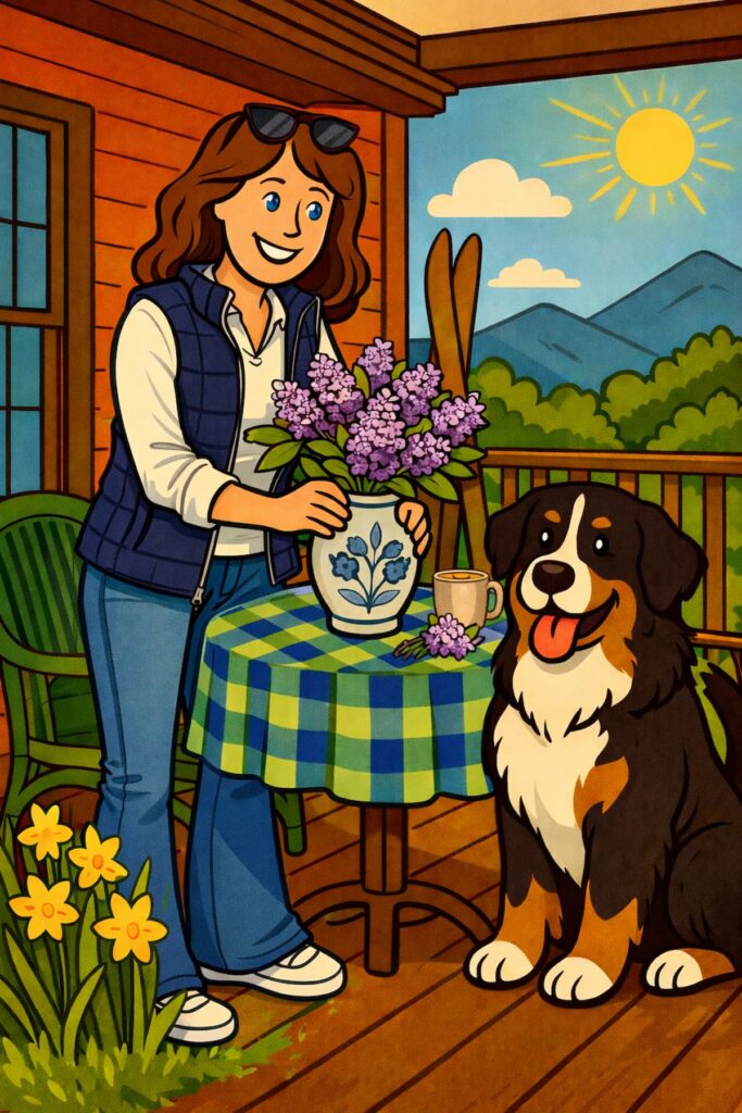 Cartoon of woman arranging lilacs on Vermont home porch with Bernese Mountain Dog. Vintage Decor Seasonal Styling Challenge.