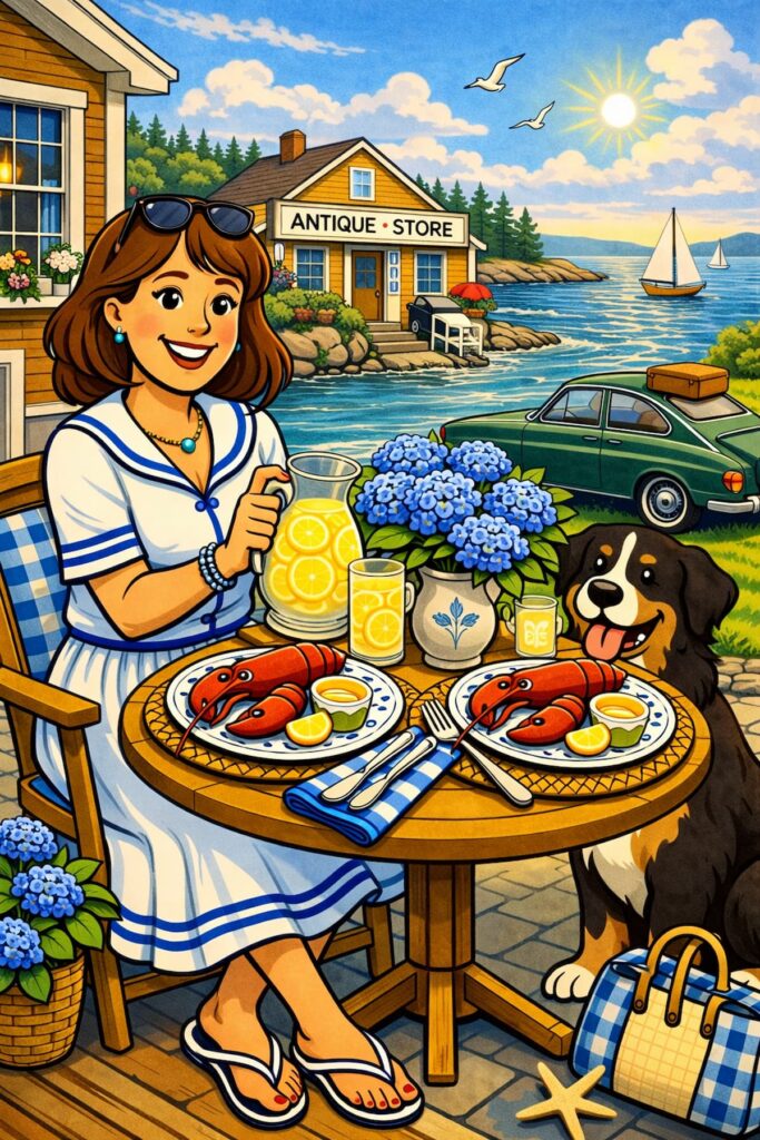 Cartoon woman sitting at summer table with lemonade and lobster in Maine with Bernese Mountain Dog; Vintage decor challenge.