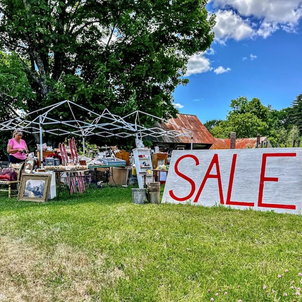 Yard sale and large SALE sign on lawn with vintage finds on a sunny day.