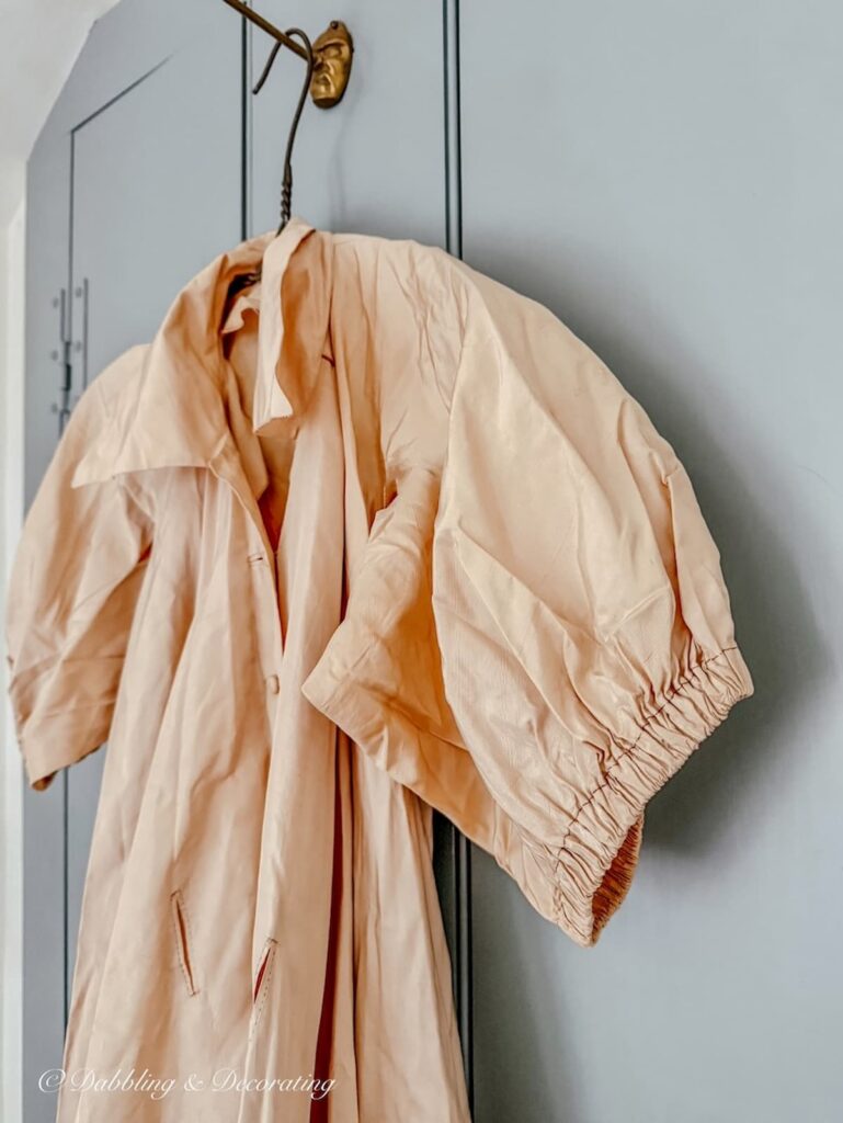 Close up of beige antique taffeta gown hanging on closet door in bedroom for thrifted bougie decor ideas.