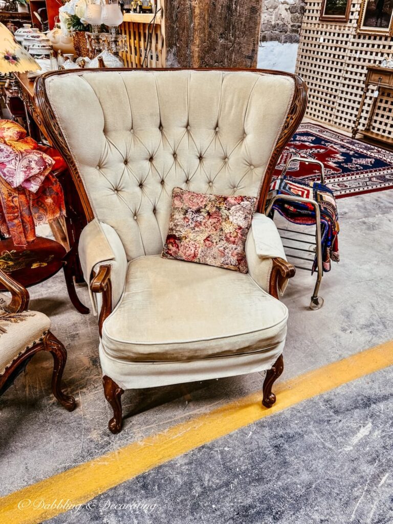 Velvet antique bougie chair inside the Seneca Cannery in Maryland.
