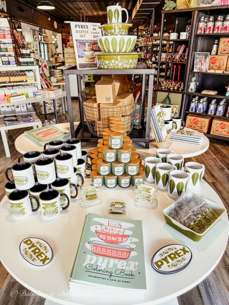 Vintage Pyrex display at JoRetro shop in Maryland with Pyrex merch.