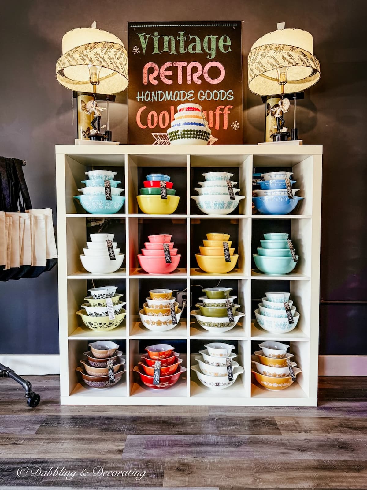 Pyrex bowl display in every color on display at JoRetro Vintage Market in Havre de Grace Maryland.