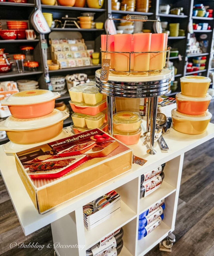 Orange vintage Pyrex display at RetroJo's in Maryland.