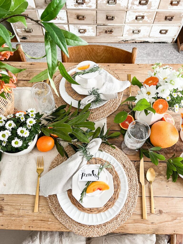 Vintage special event table setting ideas in green and orange.