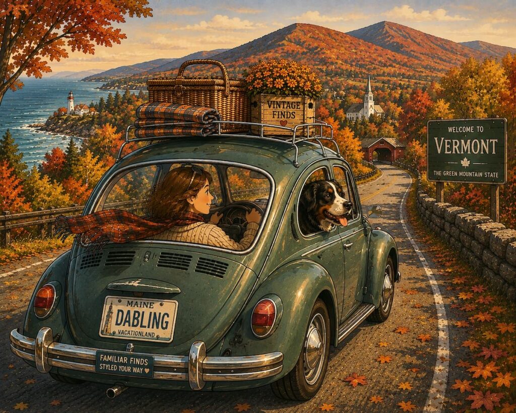 Cartoon of woman driving a vintage VW Fastback with a Bernese Mountain Dog driving to Vermont from Maine in the Fall.