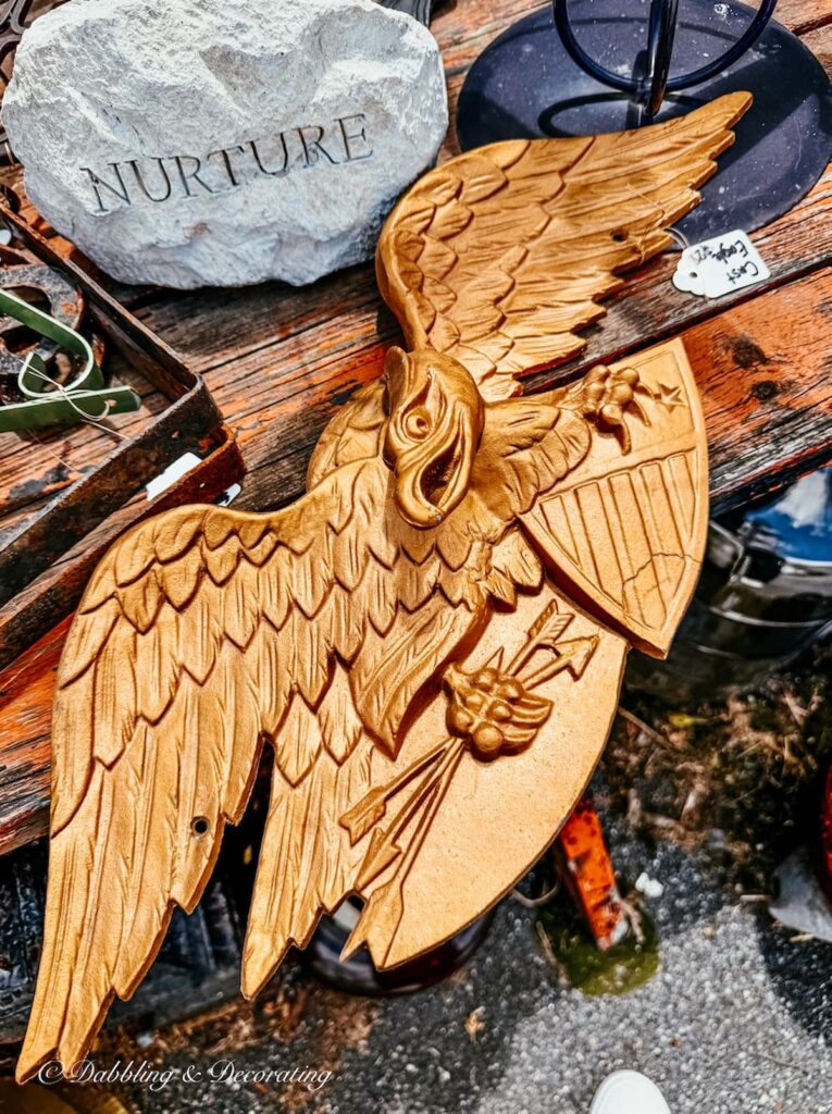 Vintage golden Eagle at antique store for Heritage Americana decor ideas in Amish antique store in Lancaster, PA.
