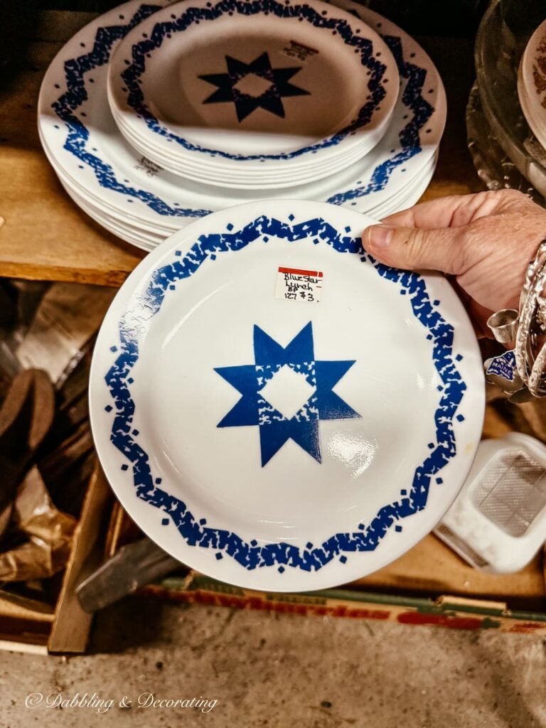 Blue star vintage dishes in hand at Amish antique store in Lancaster County, PA.