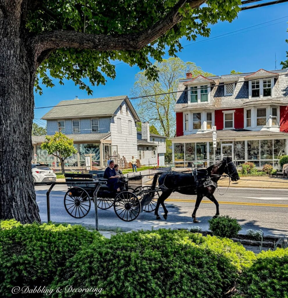 Amish horse-and-buggy in downtown Intercourse, Pennsylvania in Lancaster County.