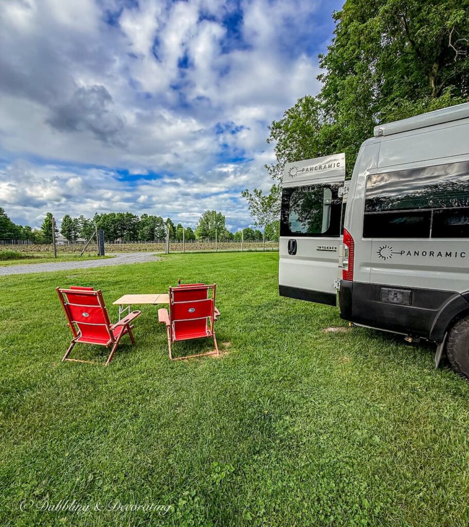 Panoramic class B RV at the Vignoble Clos Ste-Croix in Dunham Quebec antiquing.